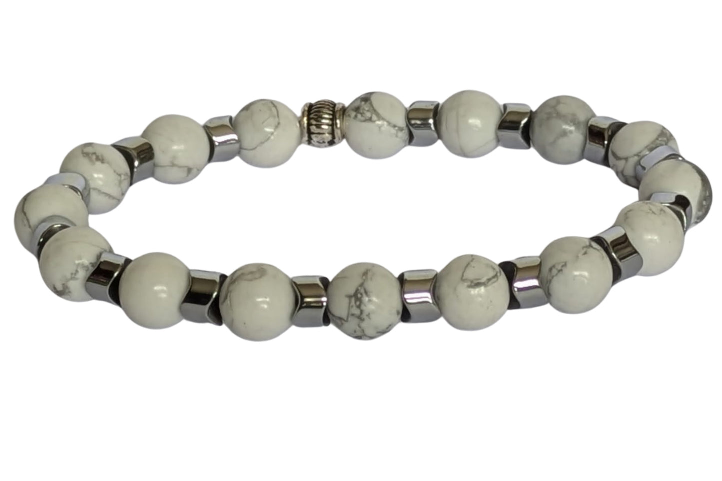 BRACELET DECORE EN HOWLITE – Perles 8 mm – Artisanat de Madagascar Pierre de calme & sagesse | Blanc marbré naturel | Bracelet élastique fait main