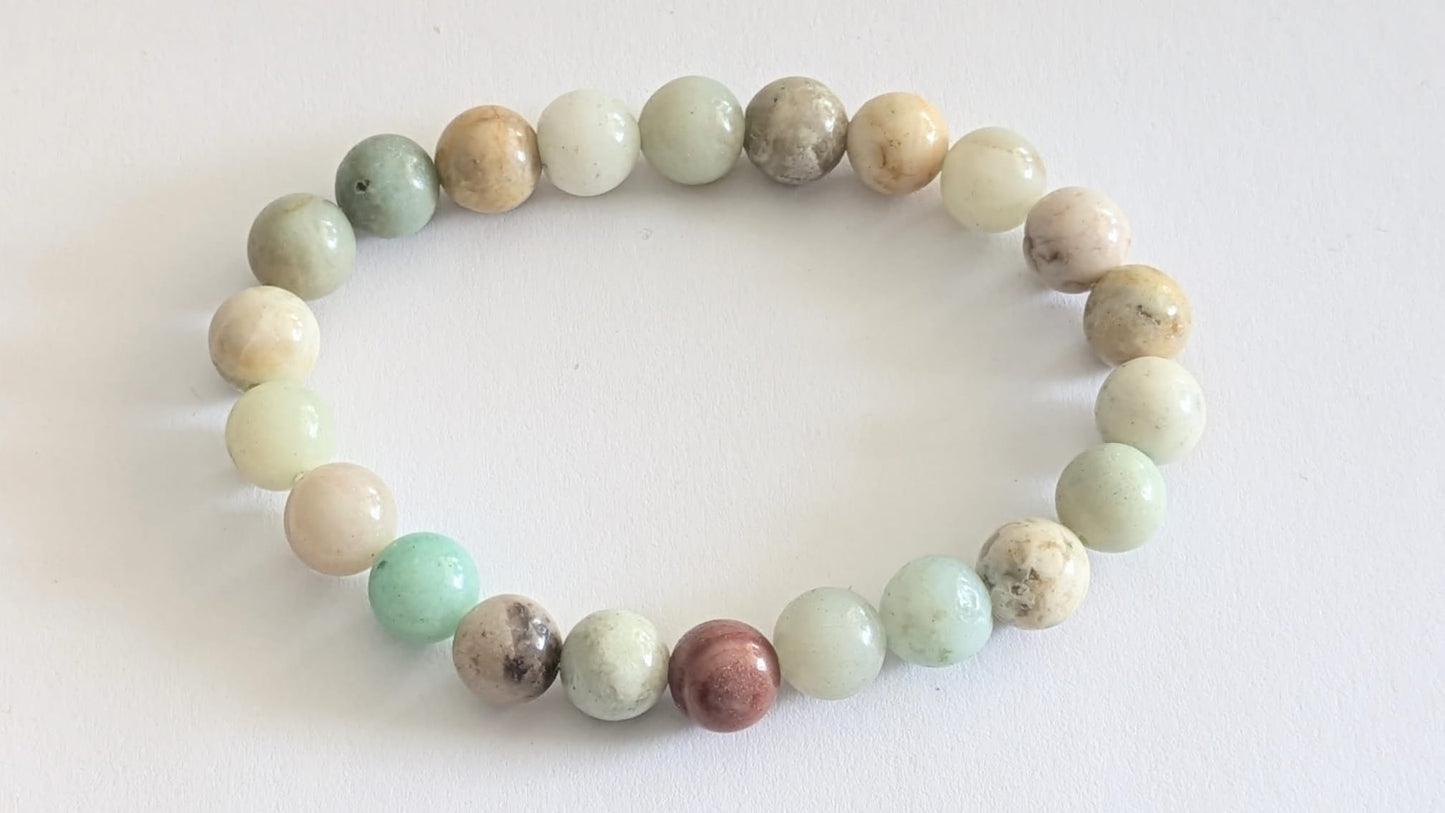 BRACELET EN AMAZONITE – Perles 8 mm – Artisanat de Madagascar Pierre d’apaisement & expression | Bleu‑vert naturel | Bracelet élastique fait main
