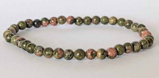 BRACELET EN UNAKITE – Perles 4 mm – Artisanat de Madagascar Pierre d’équilibre & guérison émotionnelle | Vert & rose naturel | Bracelet élastique fait main