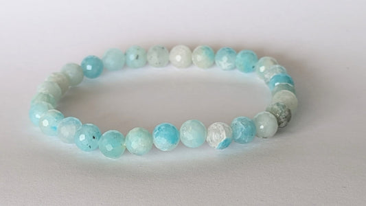 BRACELET EN AMAZONITE FACETE – Perles 6 mm facetées – Artisanat de Madagascar Pierre d’apaisement & expression | Bleu‑vert naturel | Bracelet élastique fait main