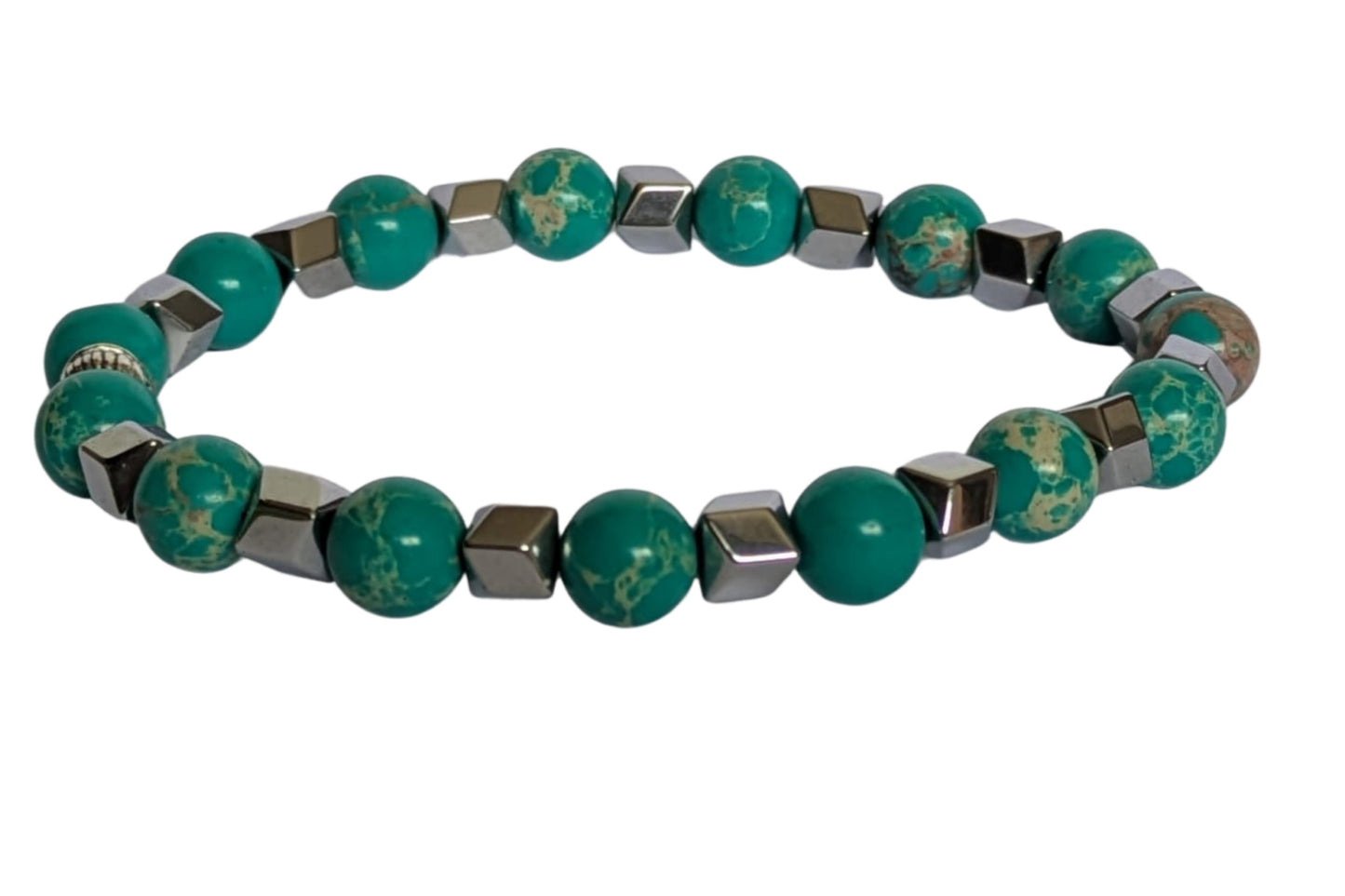 BRACELET DECORE EN TURQUOISE – Perles 8 mm et strass– Artisanat de Madagascar Pierre de protection & sérénité intérieure | turquoise naturel | Bracelet élastique fait main