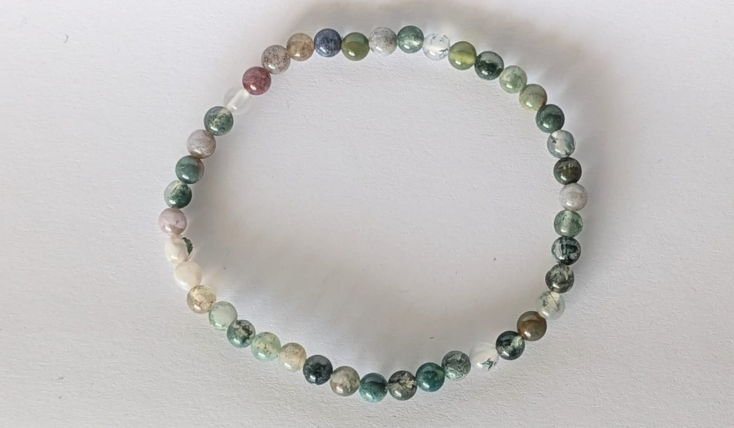 BRACELET EN MOSS AGATE (AGATE MOUSSE) – Perles 4 mm – Artisanat de Madagascar Pierre de croissance & harmonie | Vert naturel veiné | Bracelet élastique fait main