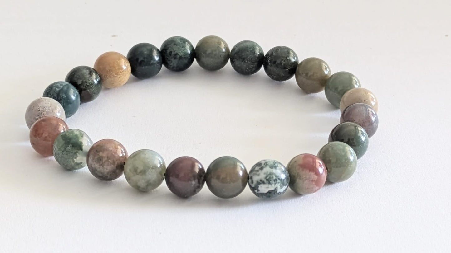 BRACELET EN MOSS AGATE (AGATE MOUSSE) – Perles 8 mm – Artisanat de Madagascar Pierre de croissance & harmonie | Vert naturel veiné | Bracelet élastique fait main